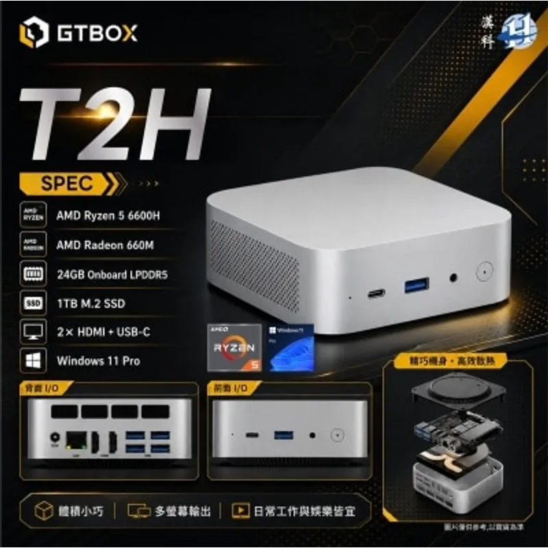GTBOX T2H (R5-6600H) 迷你電腦 (AMD Ryzen 5 6600H; 24GB LPDDR5; 1TB SSD; Windows 11 Pro)(CS-GTT2H66)