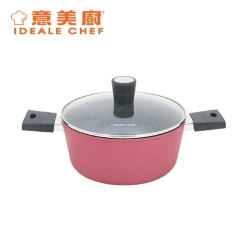 意美廚 鍛造鑄鋁雲石紋易潔24X10.6CM雙耳煲玻璃連蓋