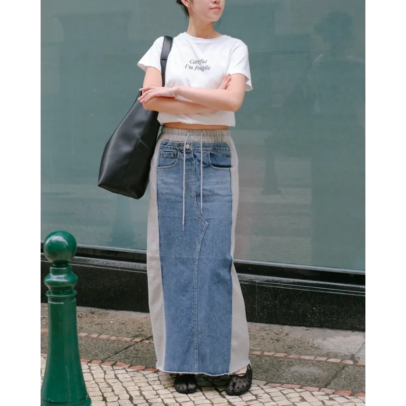 Paneled Denim and Sweatshirt Maxi Skirt