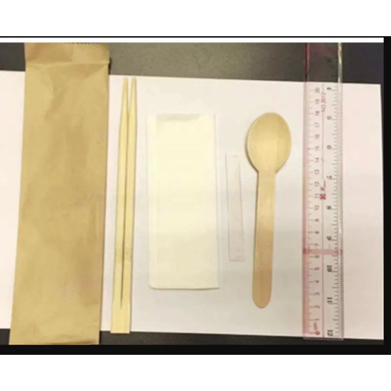 四合一【中式】牛皮紙包餐具包（20cm雙生竹筷子，16cm木更，餐巾，紙包牙簽，55克啡色牛皮淋膜紙）