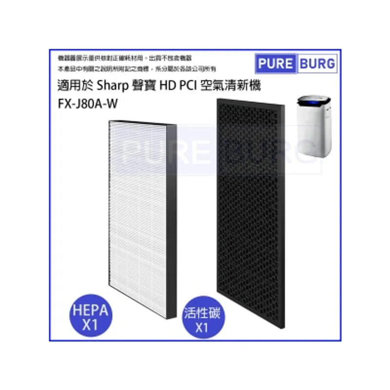 Pureburg 淨博 J80A 代用濾網組合 (適用於 Sharp 聲寶 FX-J80A-W HD PCI 空氣清新機)