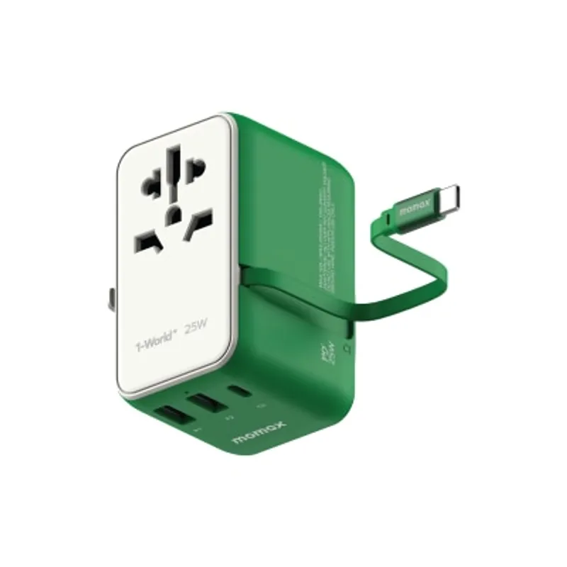 Momax 1-World+ 25W 3-插口 內建 USB-C 充電線 + AC 旅行充電插座