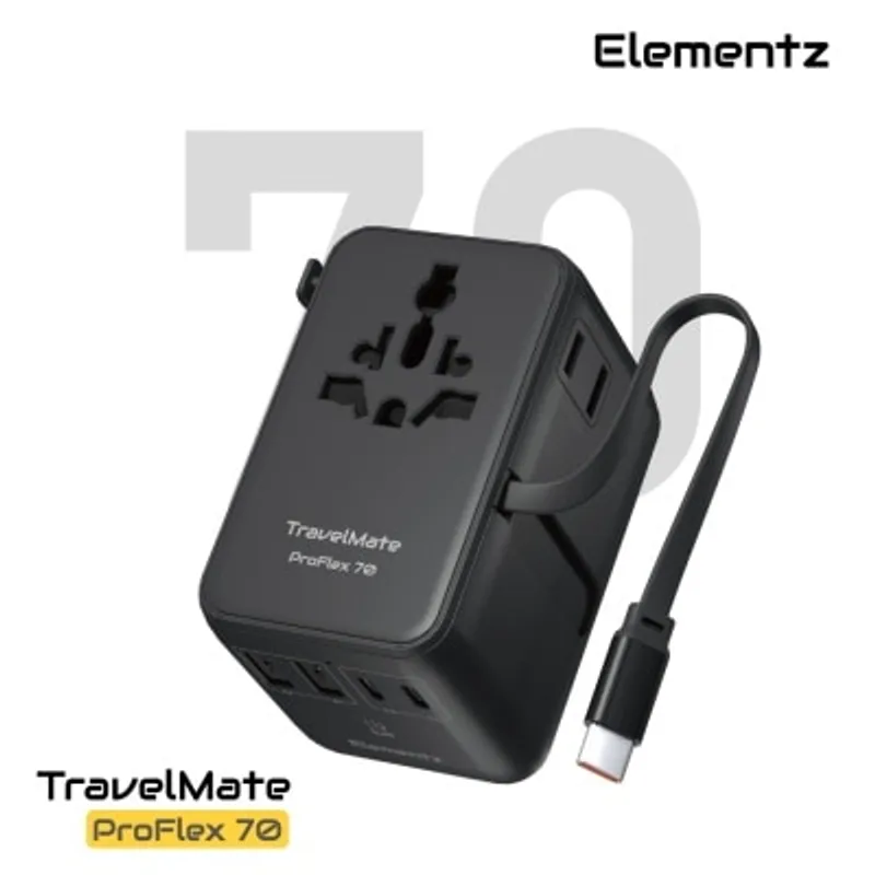 Elementz TravelMate ProFlex 70W 4端口及內置伸縮USB-C充電線雙插口旅行插座