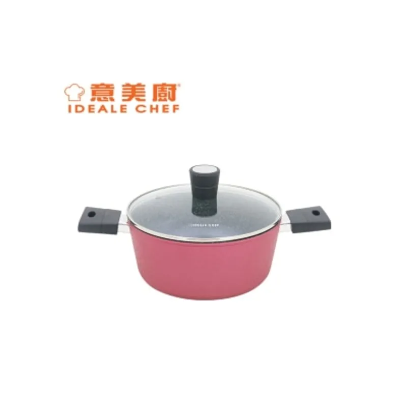 意美廚 鍛造鑄鋁雲石紋易潔26X11.5CM雙耳煲玻璃連蓋