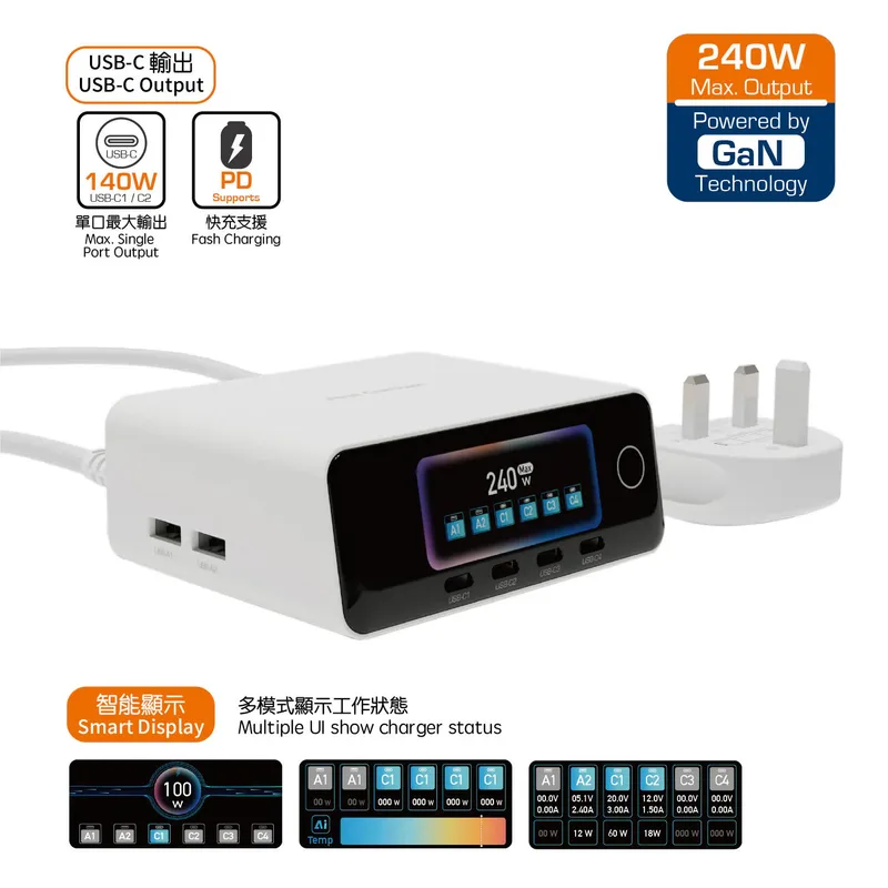 First Champion 6-Port 240W 智能顯示 USB 桌上 氮化鎵(GaN) 快速充電器
UPCT240PD4C2A - with USB-C ＆ USB-A