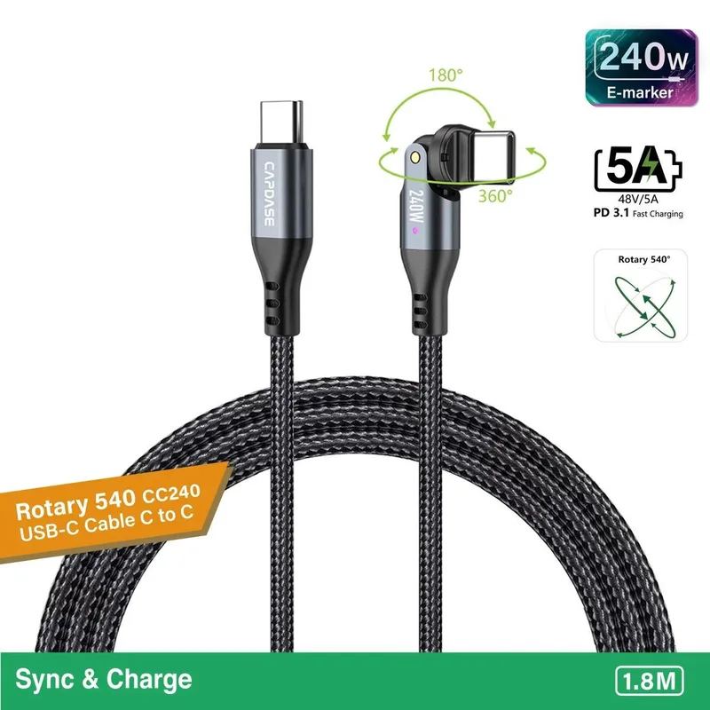 CAPDASE USB-C TO USB-C ROTARY 540 旋轉頭 (240W) 1.8M