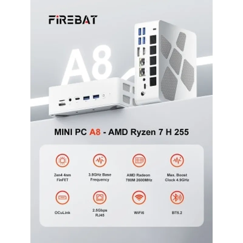 火影 FIREBAT A8 迷你電腦 (Ryzen 7 H255 / 24GB DDR5 / 1TB)(CS-FA8H25A)