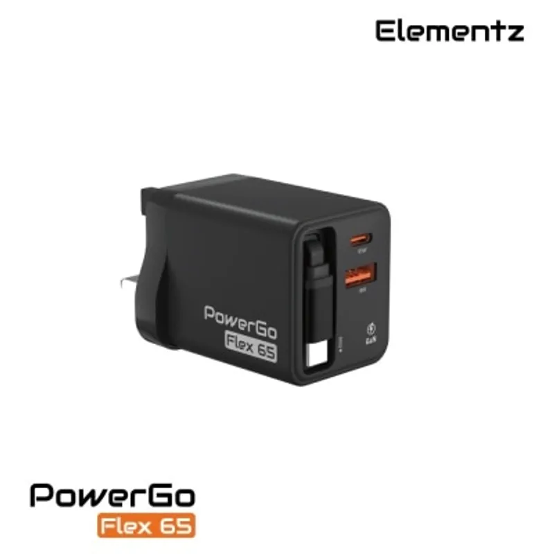 Elementz PowerGo Flex65 65W 雙 C 口摺疊腳迷你 GaN 快速充電器
