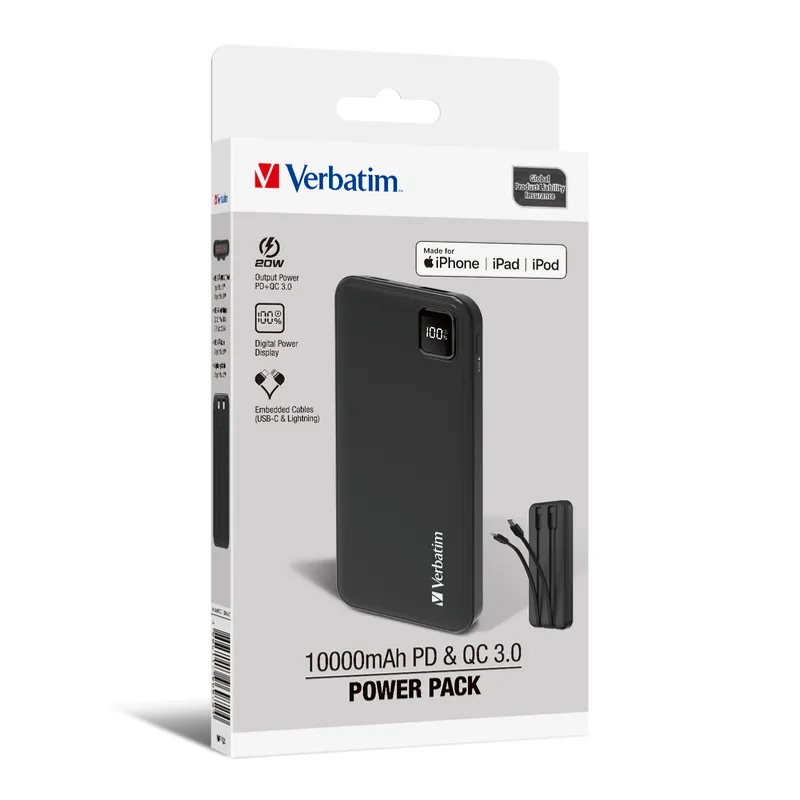 Verbatim 10000mAh PD 18W 嵌入線材充電池 黑 [MFI;TypeC 線]