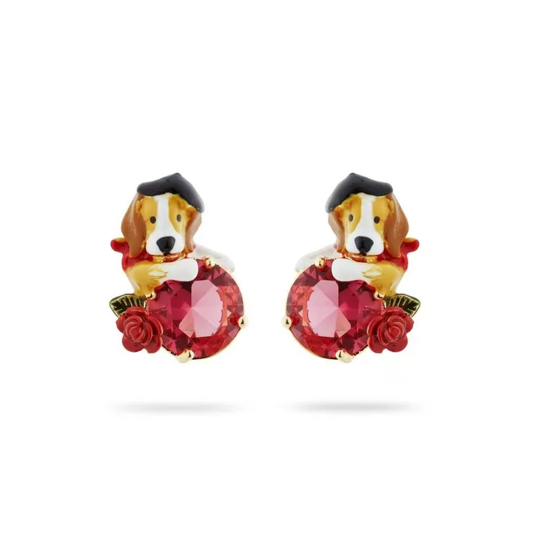 LES NEREIDES 小獵犬和粉紅色切割玻璃石柱耳環