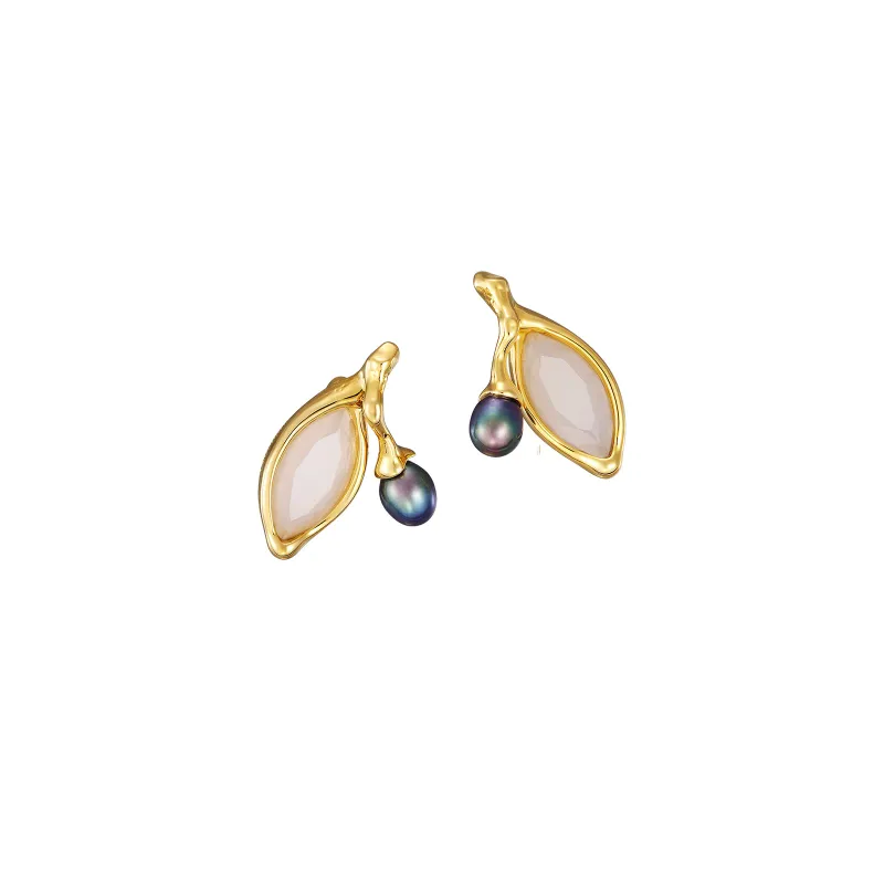 Olive Branch Single Leaf Pearl Earrings