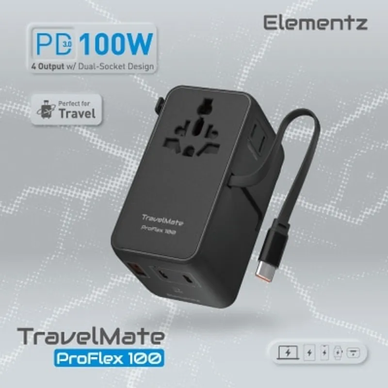 Elementz PT-W100H TravelMate ProFlex 100 全球通用旅行轉插 (100W PD/QC / 內置伸縮 Type-C 線 / 3C+1A 四口輸出 / 雙 AC 插座 )