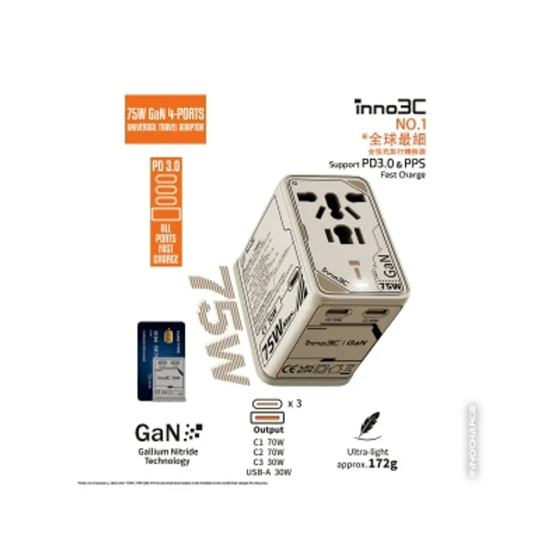 inno3C 創品 i-75WC 75W GaN 4輸出旅行轉換插頭