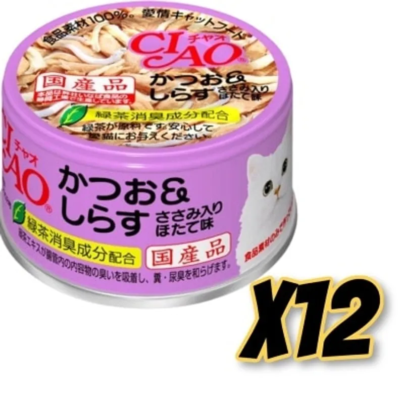 INABA CIAO - [12罐裝]白肉鰹魚 白飯魚瑤柱味 (85g x12)貓罐頭 A-12