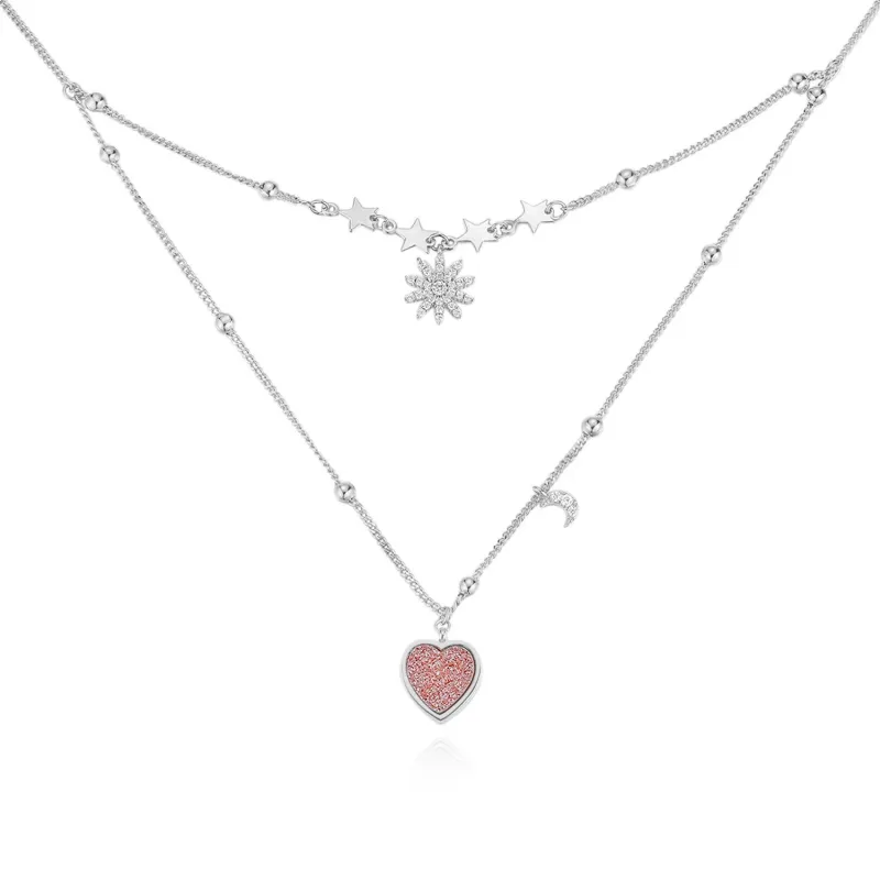 LOVE NOTE｜Pink Druzy Silver Layered Necklace