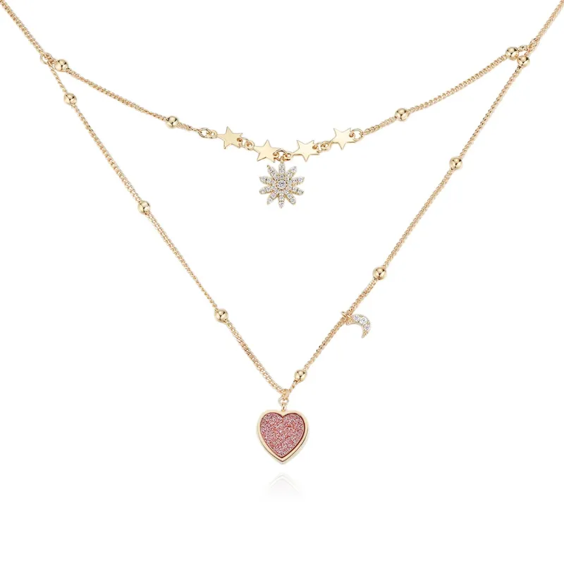 LOVE NOTE｜Pink Druzy Gold Layered Necklace