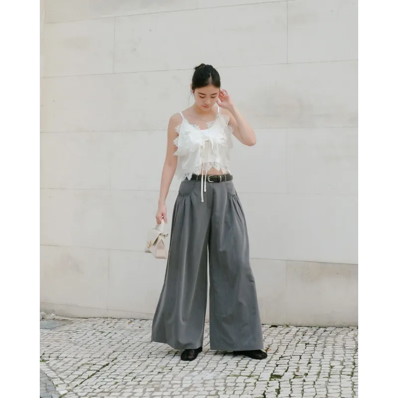 Grey Drapey Wide-Leg Tailored Trousers