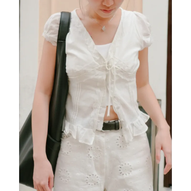 French Lace Tie-Front Short Sleeve Blouse
