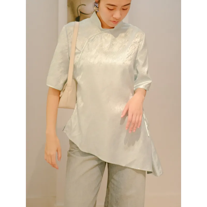 Asymmetric Marble-Pattern Short-Sleeve Top