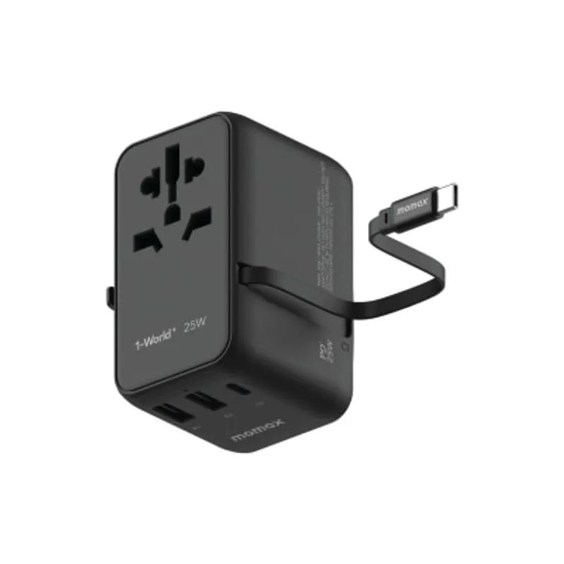 Momax 1-World+ 25W 3-插口 內建 USB-C 充電線 + AC 旅行充電插座