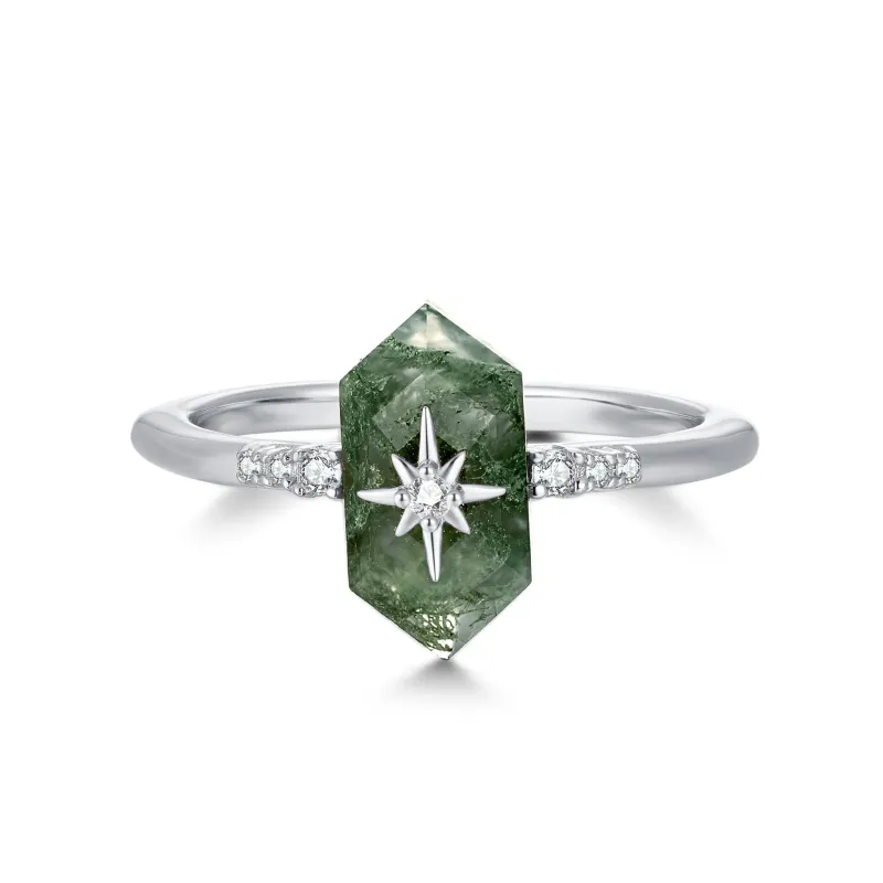 Talisman｜Hexagonal Moss Agate Silver Ring
