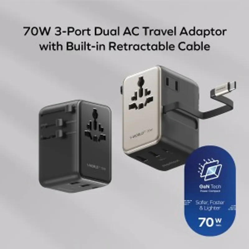 Momax 1-World²⁺ 70W 伸縮充電線三接口雙 AC 旅行充電插座 UA30 (顏色:黑/鈦)