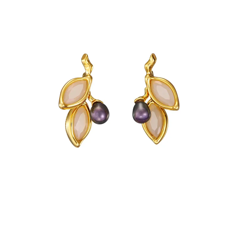 Olive Branch Double Leaf Pearl Earrings