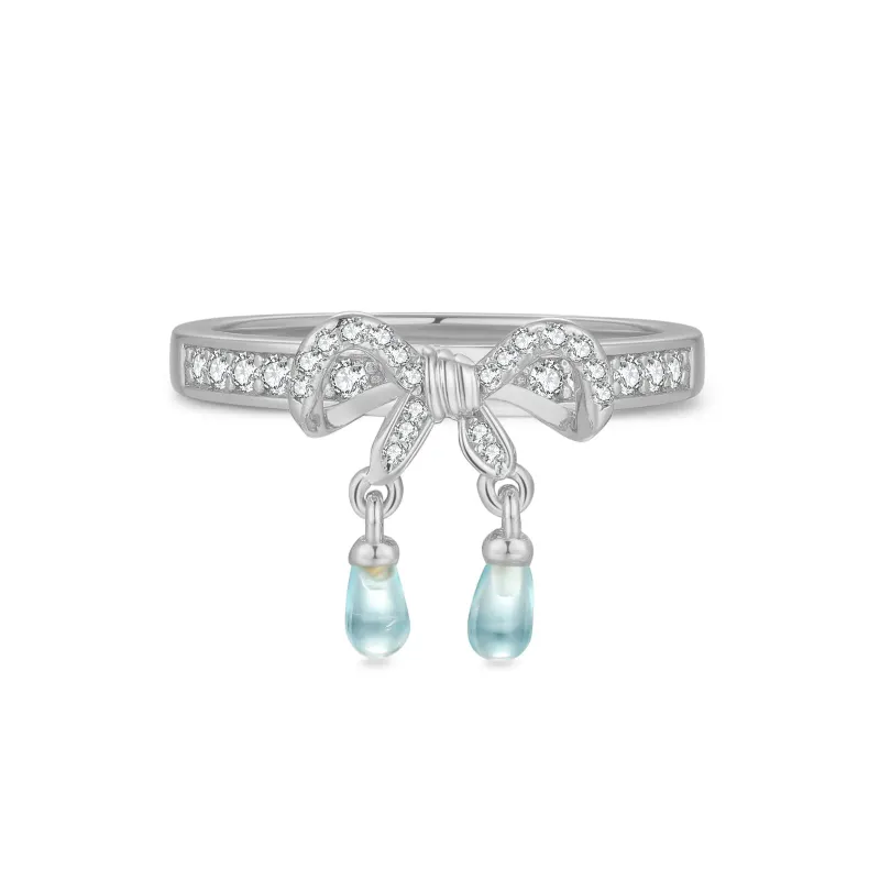 Alice｜Blue Topaz Silver Bow Dangle Ring