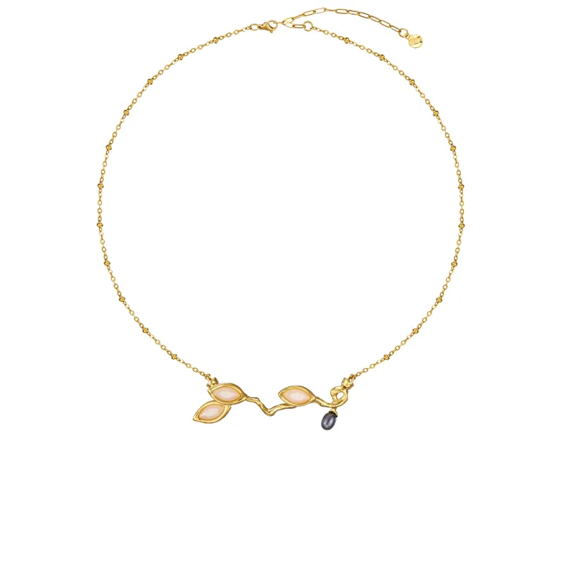Olive Branch Triple Leaf Pearl Chain Necklace