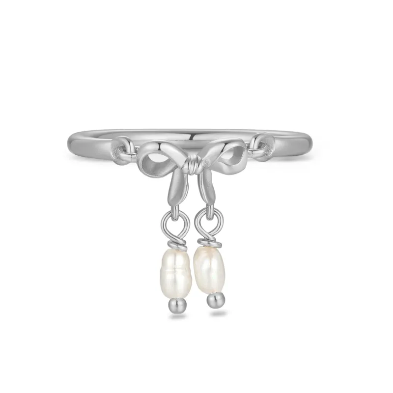 Alice｜Freshwater Pearl Silver Bow Dangle Ring