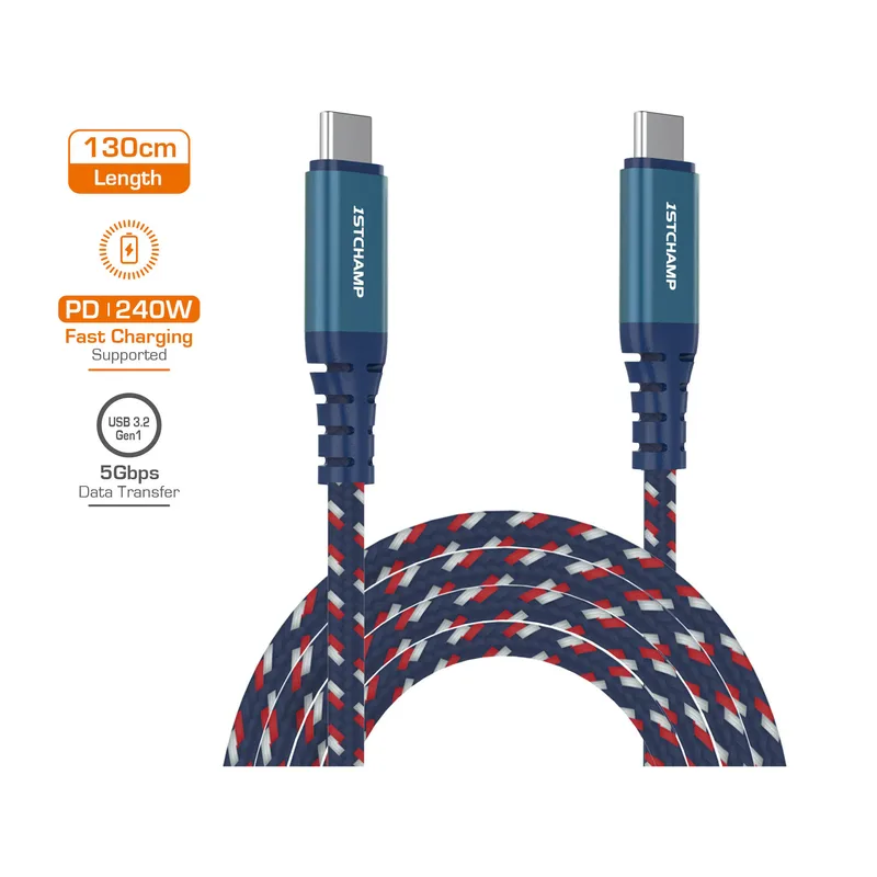 First Champion USB 3.2 Gen1, Type-C to Type-C 連接線, 240W, 5Gbps, 尼龍編織, 130cm