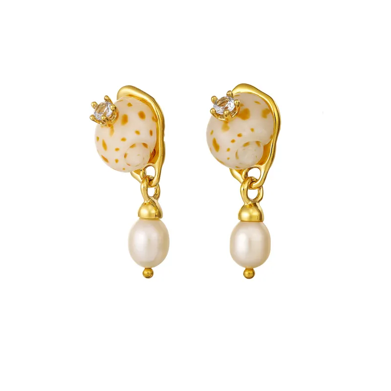 Diamond-Embellished Spotted Shell Drop Pearl Earrings