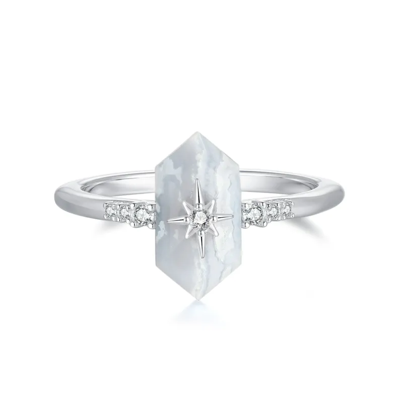 Talisman｜Hexagonal Blue Lace Agate Silver Ring