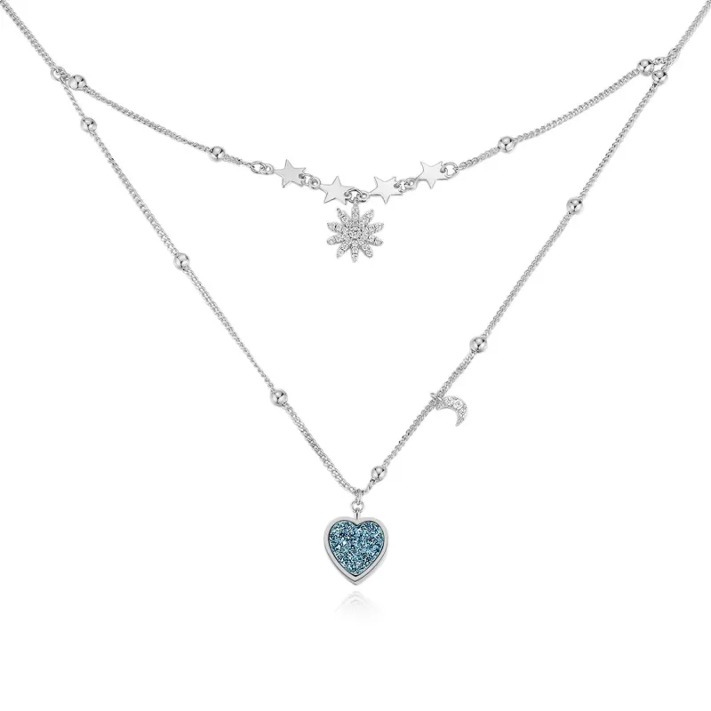 LOVE NOTE｜Blue Druzy Silver Layered Necklace