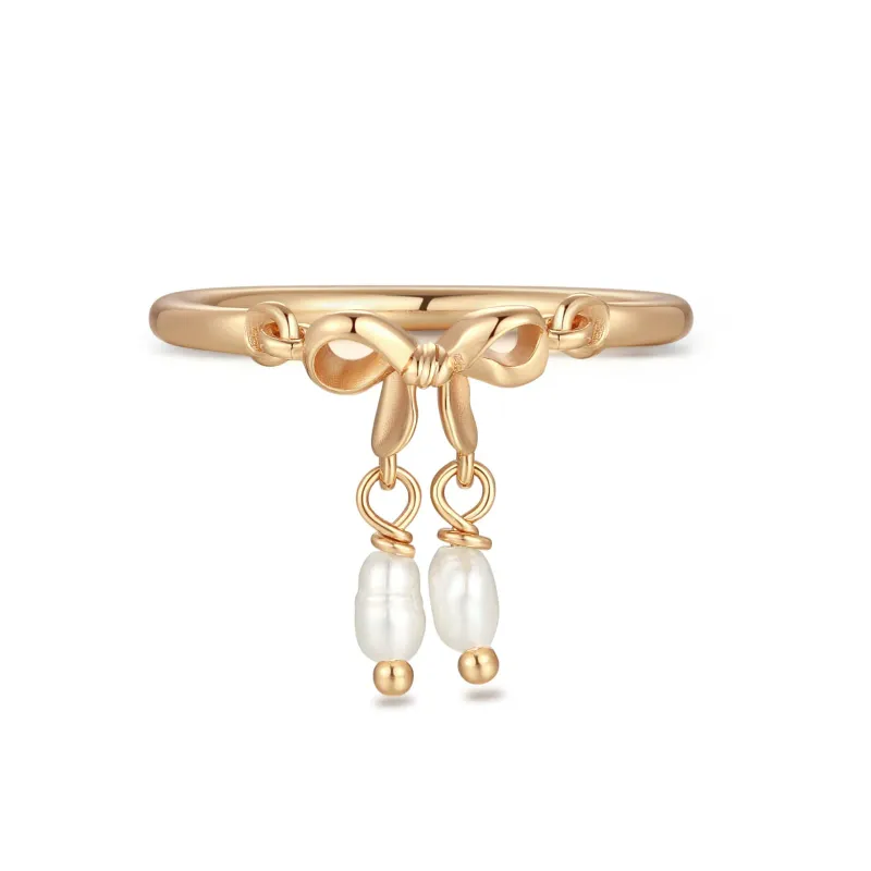 Alice｜Freshwater Pearl Gold Bow Dangle Ring