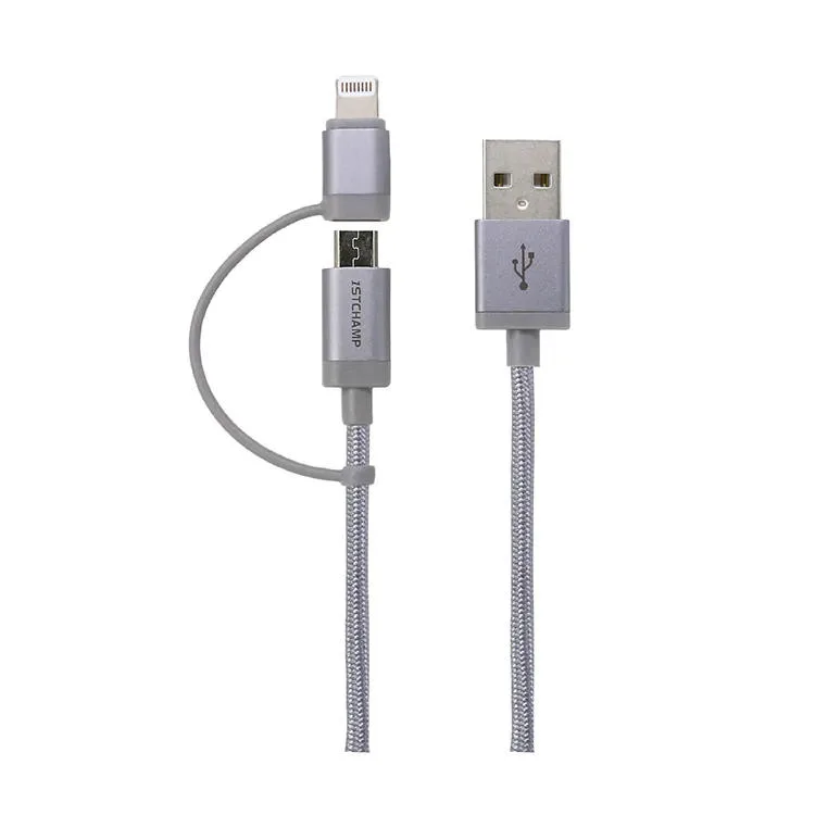 First Champion 2合1 USB 至 microUSB ＆ Lightning(MFi)充電及數據線 - 尼龍編織 100cm, MBLT-1M