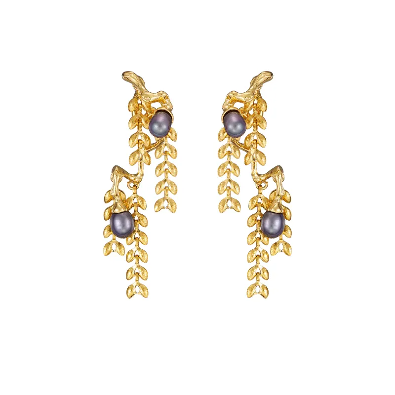 Olive Branch Tassel Pearl Long Earrings