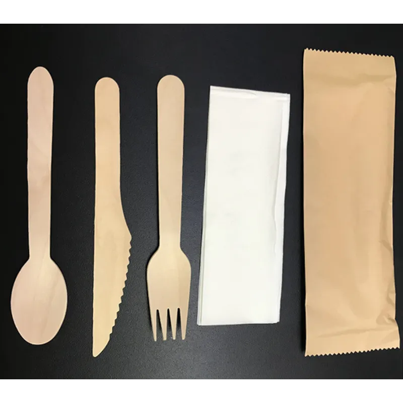 四合一啡色牛皮紙袋【西式】木餐具包（160mm木叉+160mm木更+165mm木刀+30*30cm紙巾，牛皮淋膜紙袋包裝）