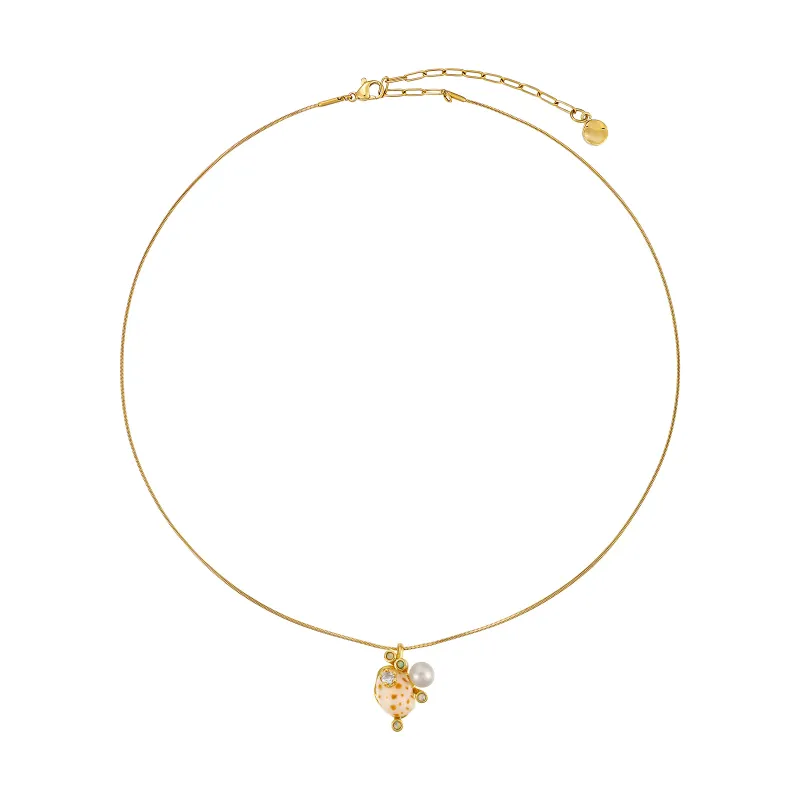 Diamond-Embellished Spotted Shell Pearl Necklace
