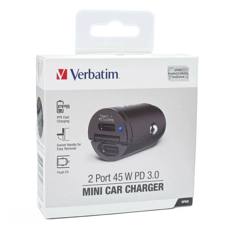 Verbatim Dual Type-C PD 3.0 45W Mini Car Charger Black
2端口45W Type C PD 3.0迷你車用充電器