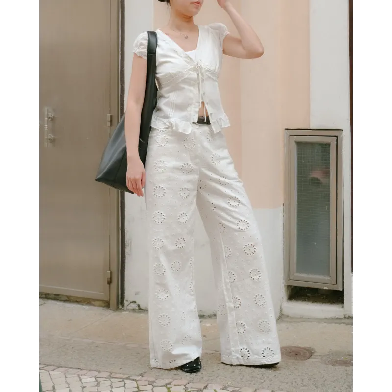 White Eyelet Embroidered Straight-Leg Pants
