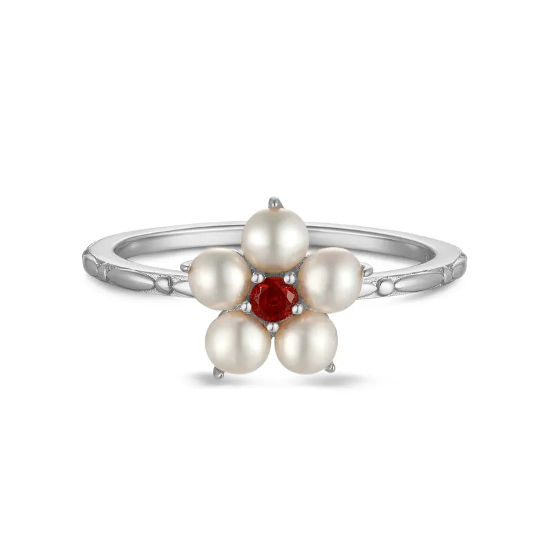 Tea Party｜Freshwater Pearl Silver Flower RIng