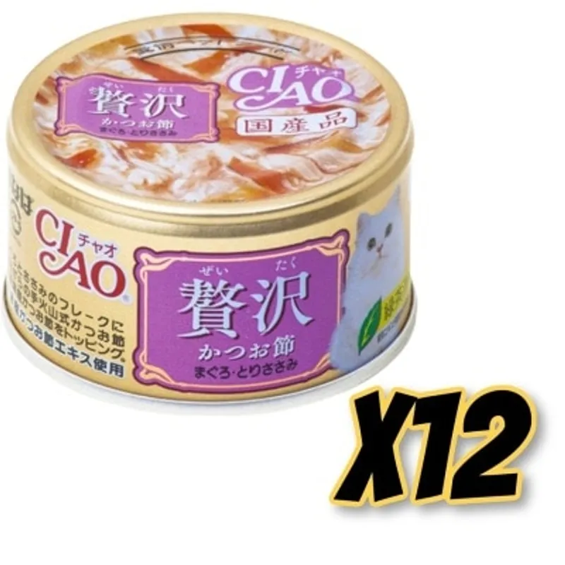 INABA CIAO 奢華 - 木魚片 吞拿魚+雞肉(80gx12)貓罐頭 A-145x12