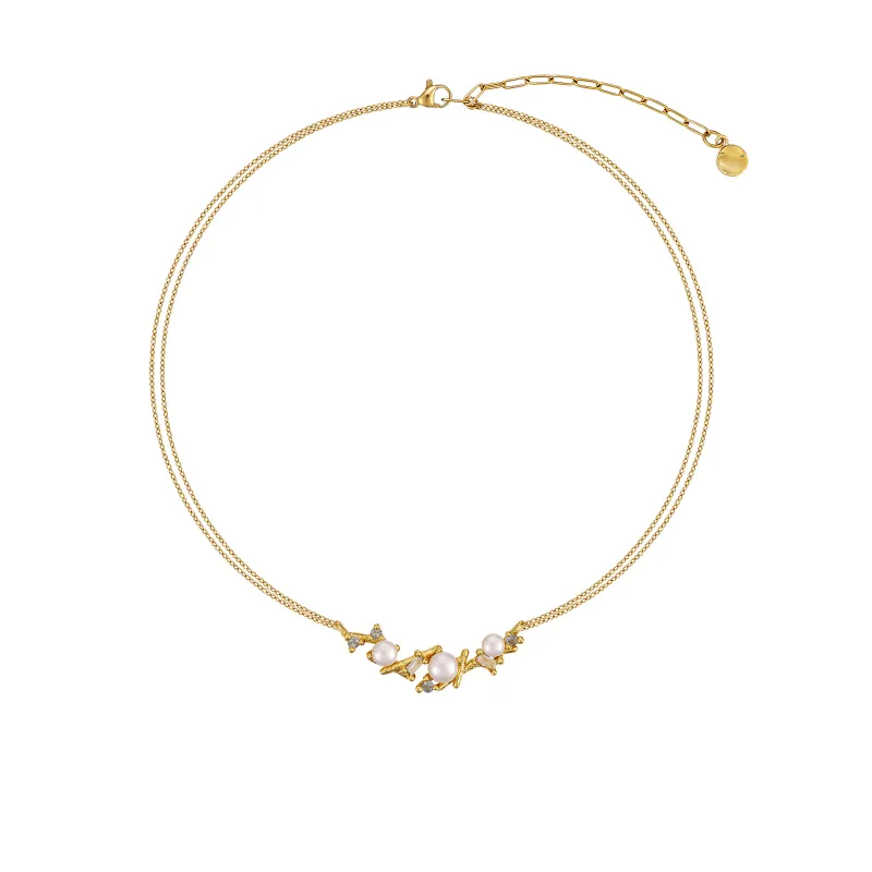 Diamond-Embellished Coral Branch Multi-Pearl Necklace