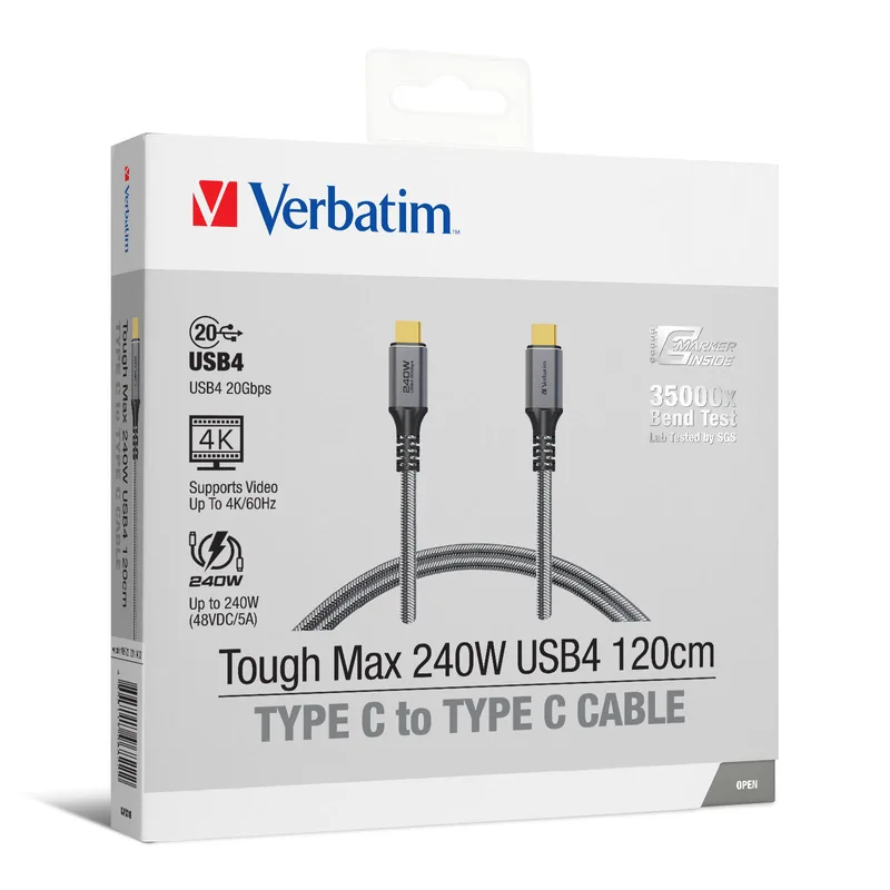 Verbatim Tough Max 240W USB4 Type C 至 Type C 充電傳輸線 1.2m