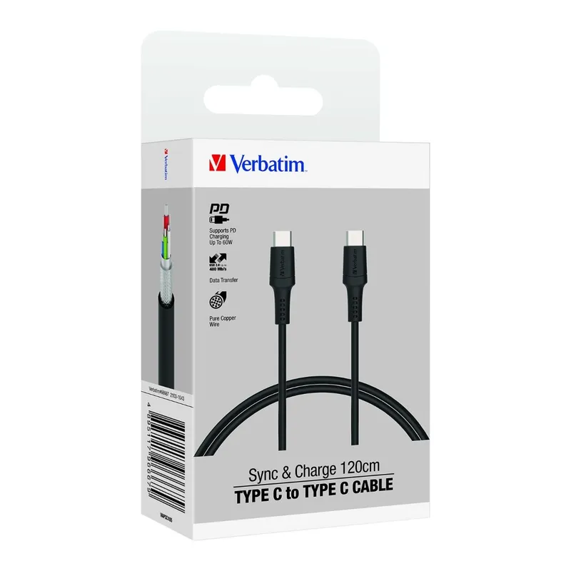 VERBATIM Type-C至Type-C數據充電線 TYPECTOTYPECSYNC&CHARGECABLE/120CM