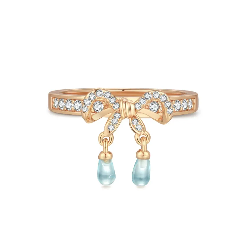 Alice｜Blue Topaz Gold Bow Dangle Ring