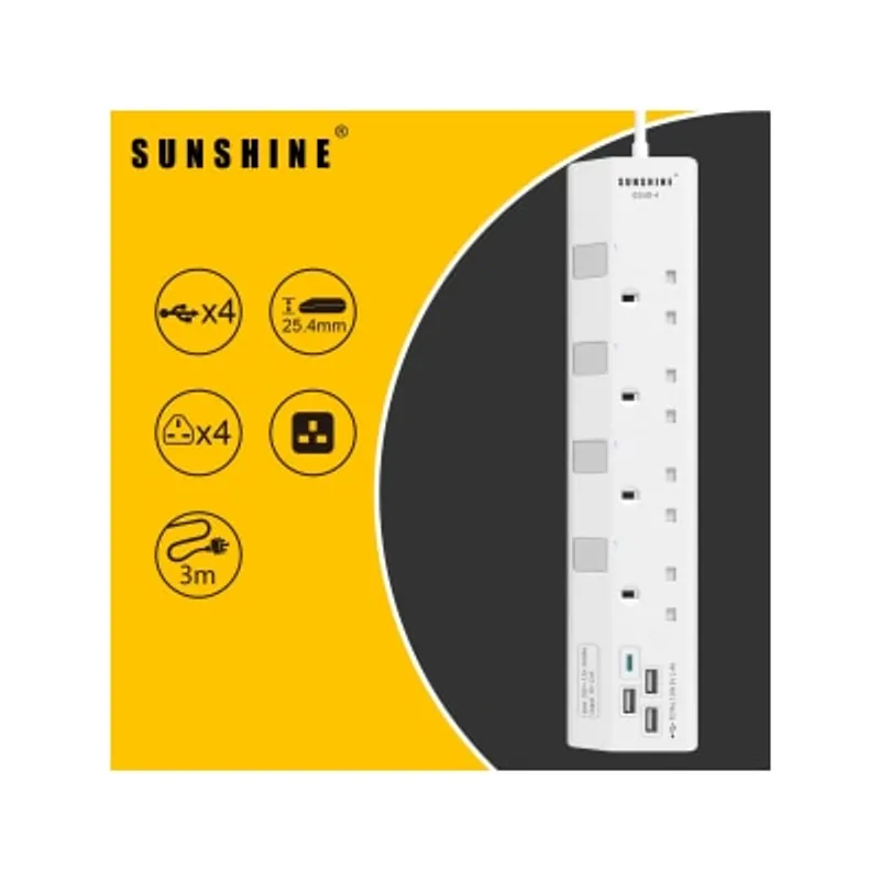 Sunshine 四位獨立開關安全拖板連藍色指示燈+4位USB