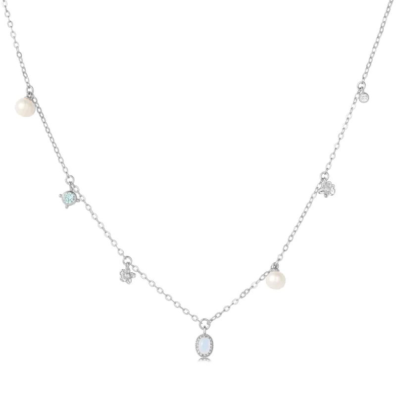 Marine Flora Silver Necklace - AQUAMARINE, PEARL