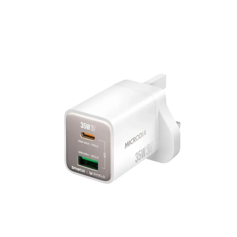 MICRODIA SMARTCube Nano 35W GaN Pro 1C1A 壁式充電器，雙端口，USB-C PD3.0 + USB-A QC3.0